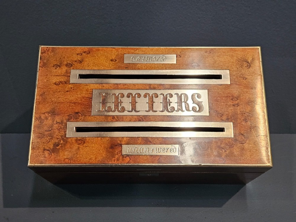 A Victorian burr satinwood desktop post box featuring slotted metal plates labelled letters, answered, and unanswered. View II