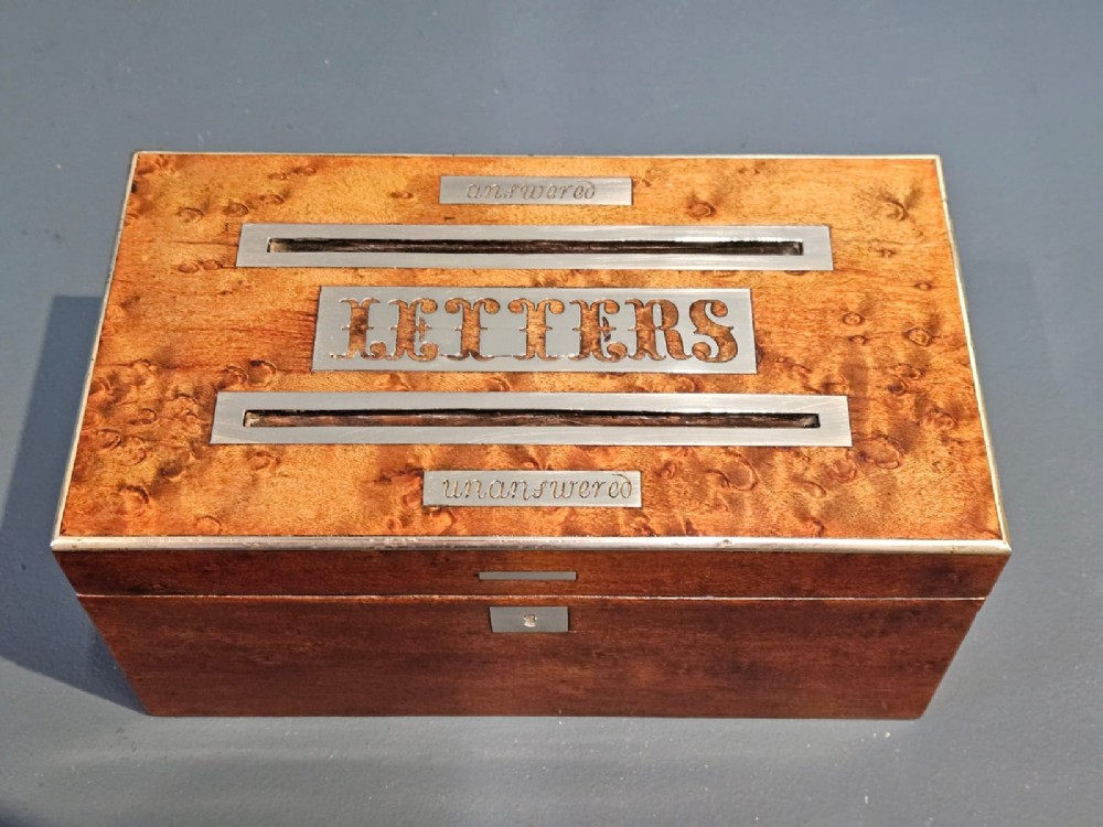 A Victorian burr satinwood desktop post box featuring slotted metal plates labelled letters, answered, and unanswered. View III