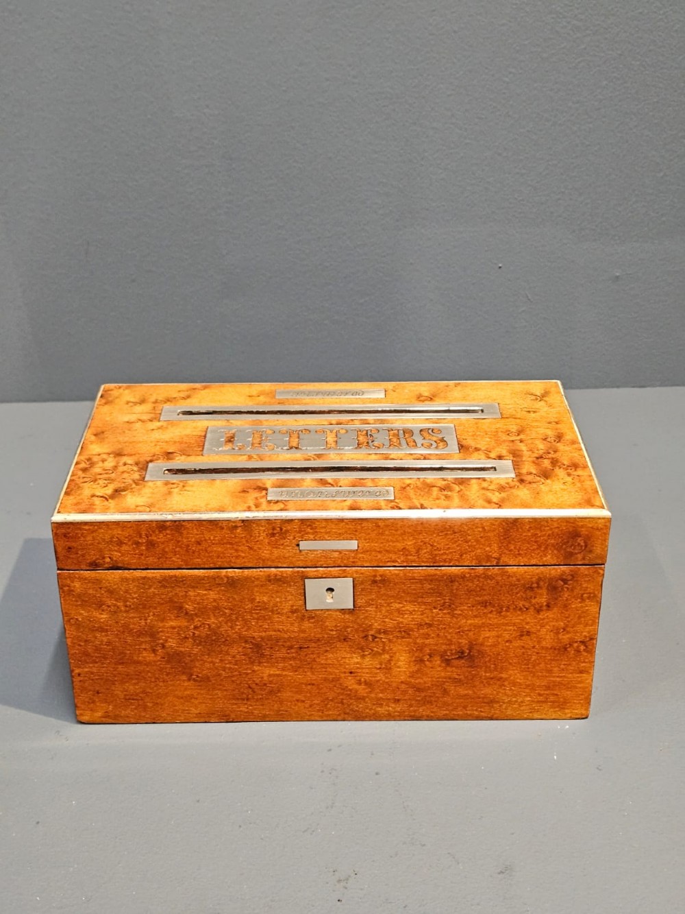 A Victorian burr satinwood desktop post box featuring slotted metal plates labelled letters, answered, and unanswered. View IV