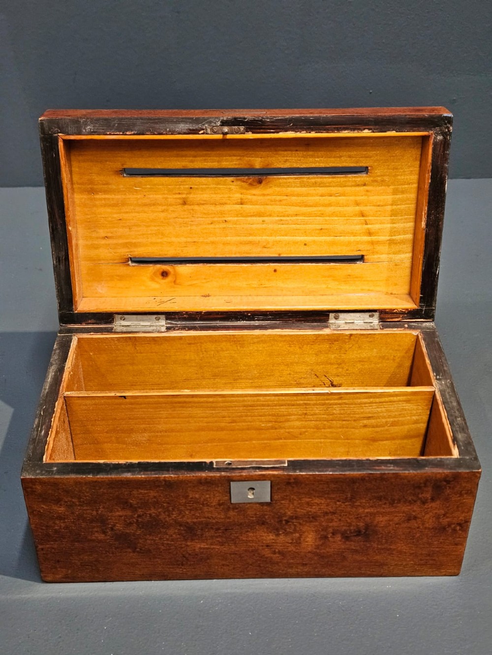 A Victorian burr satinwood desktop post box featuring slotted metal plates labelled letters, answered, and unanswered. View VI