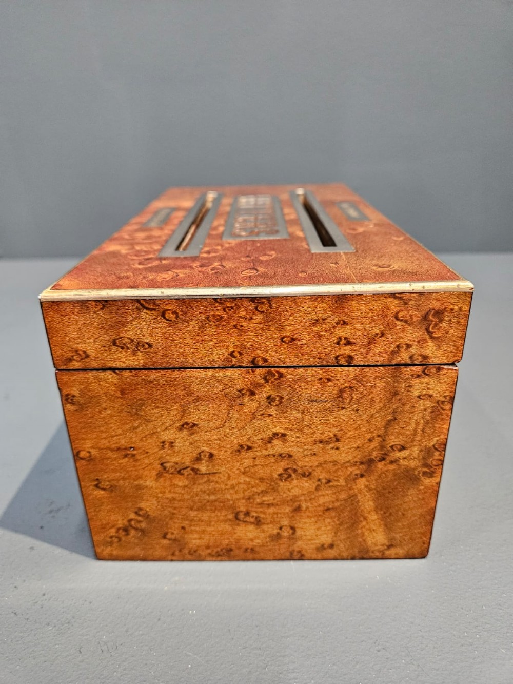 A Victorian burr satinwood desktop post box featuring slotted metal plates labelled letters, answered, and unanswered. View VII