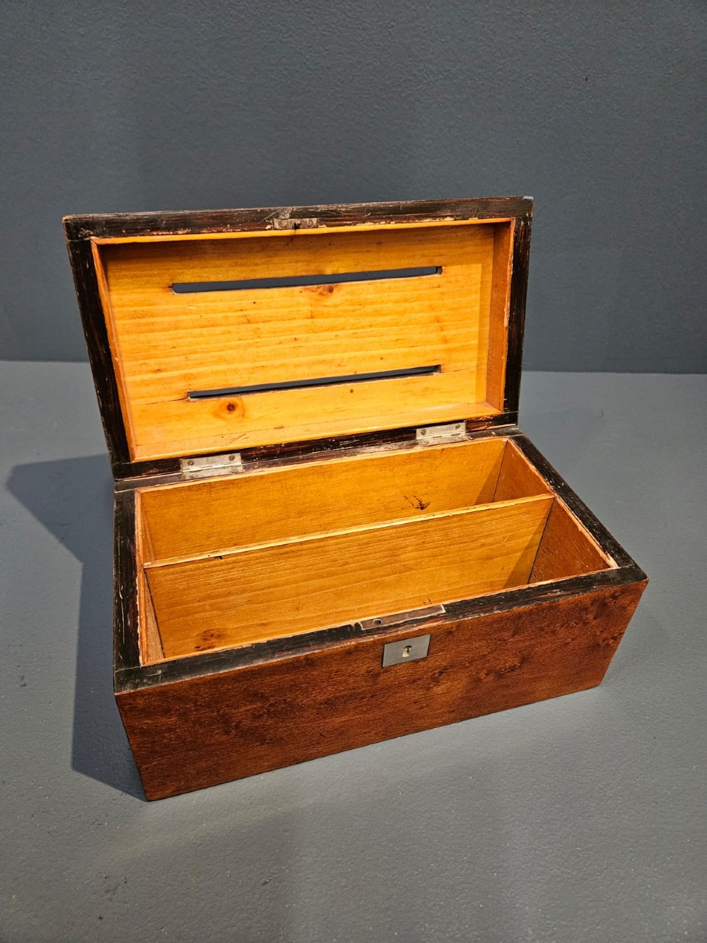 A Victorian burr satinwood desktop post box featuring slotted metal plates labelled letters, answered, and unanswered. View VIII