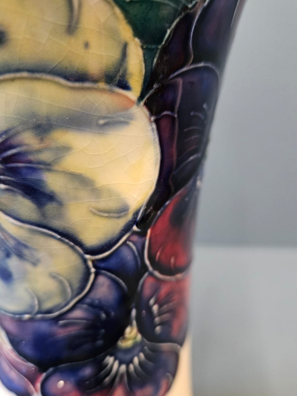 Moorcroft Pansy on White Vase View V