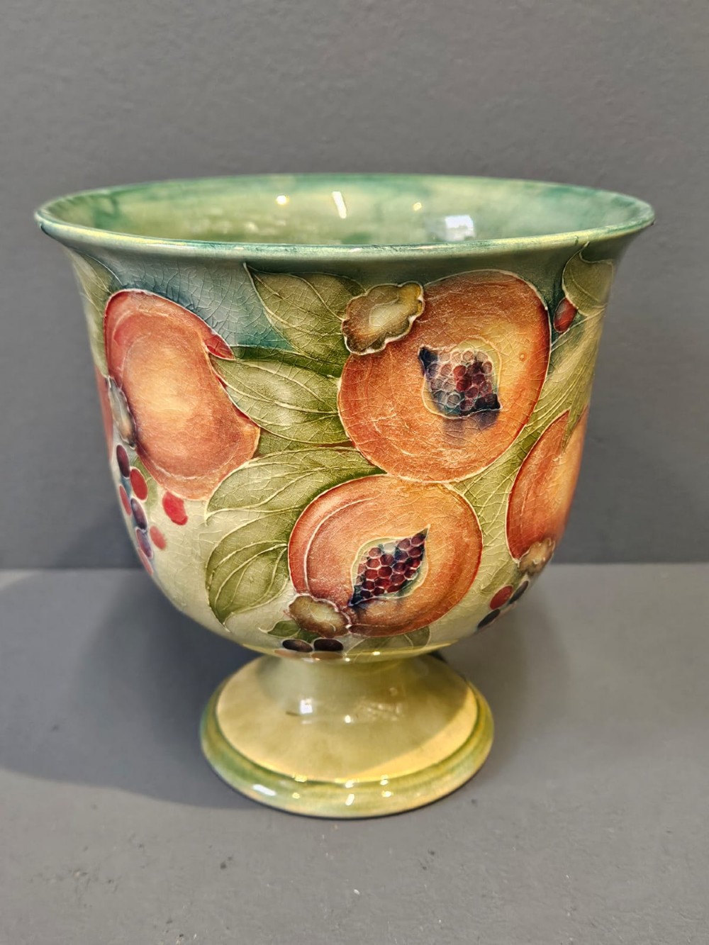 Rare Liberty Moorcroft Pomegranate on Green Pedestal Vase