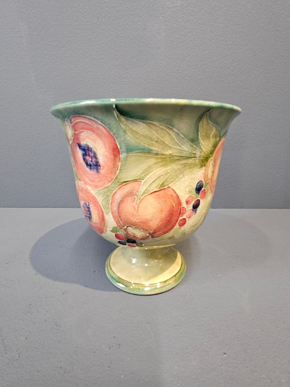 Rare Liberty Moorcroft Pomegranate on Green Pedestal Vase View II
