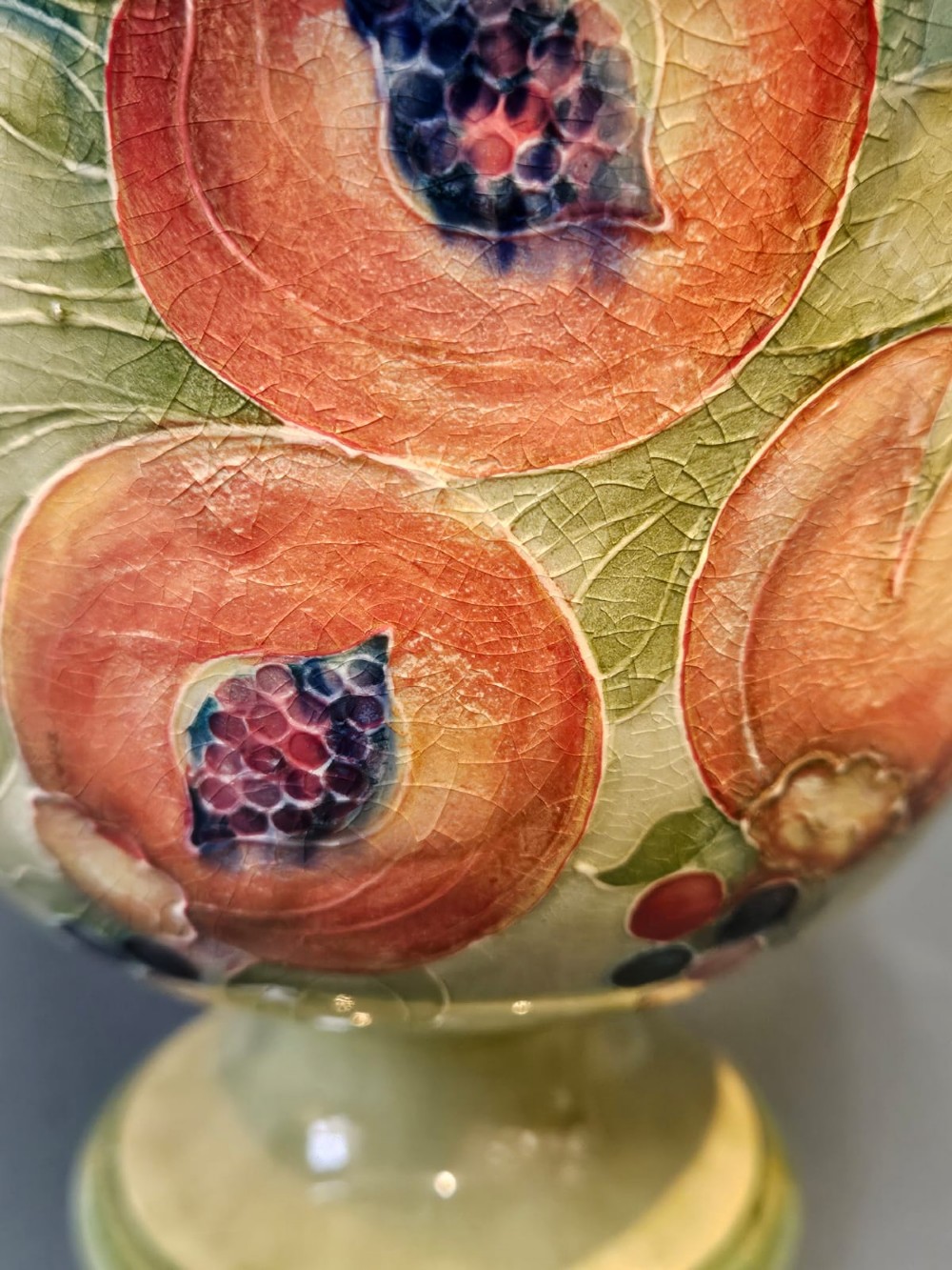 Rare Liberty Moorcroft Pomegranate on Green Pedestal Vase View III