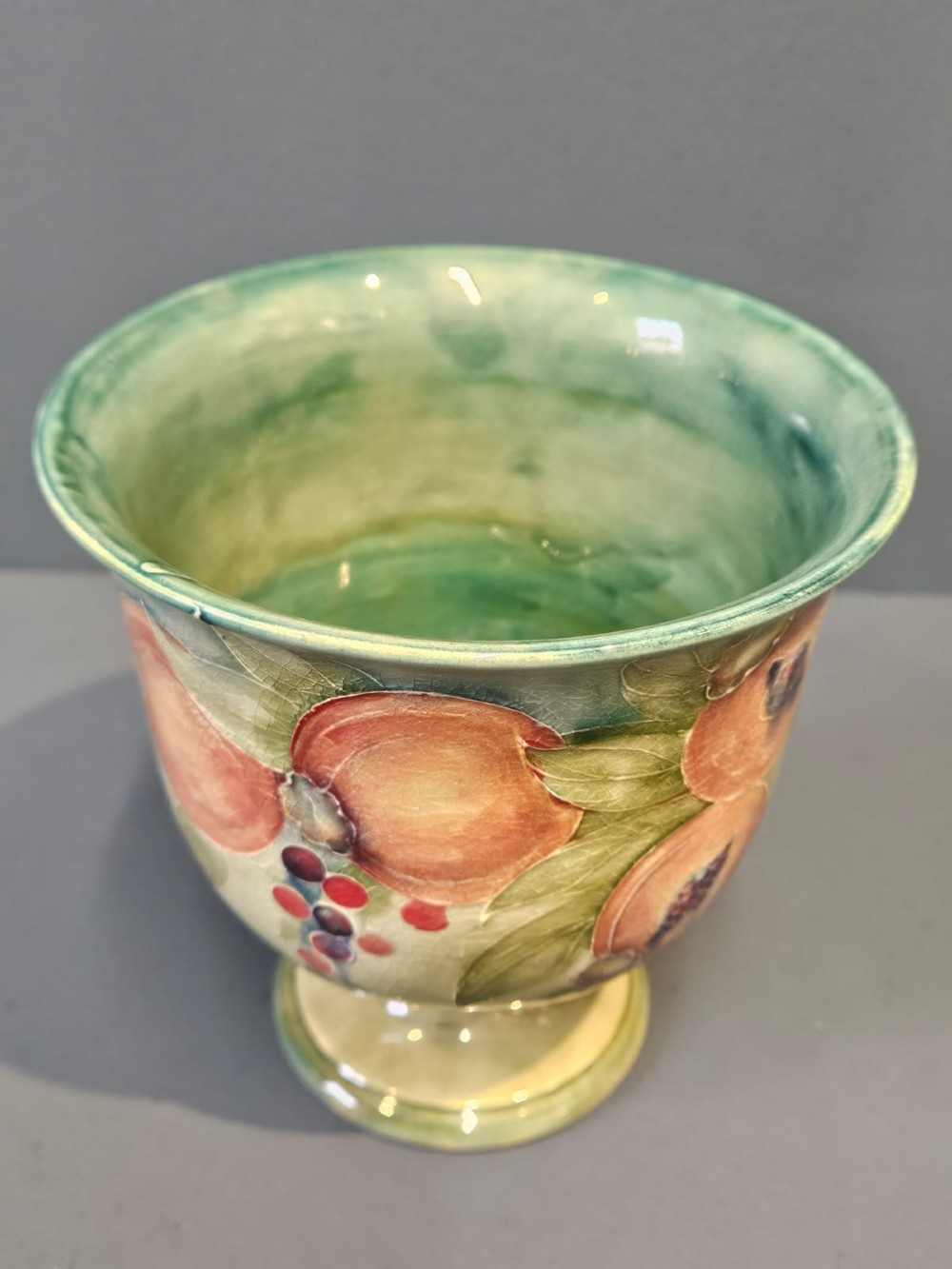 Rare Liberty Moorcroft Pomegranate on Green Pedestal Vase View IV