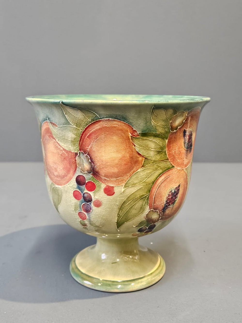 Rare Liberty Moorcroft Pomegranate on Green Pedestal Vase View V
