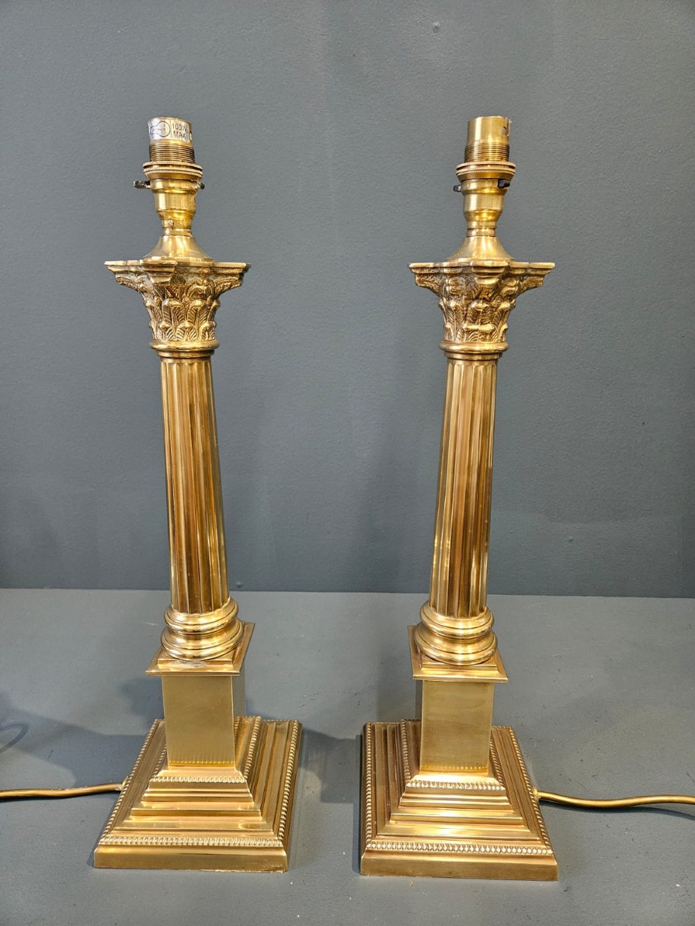 Matching Pair of Brass Corinthian Column Table Lamps