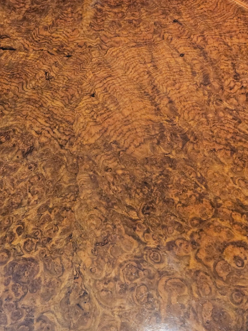 An octagonal burr walnut low coffee table featuring light wood stringing inlay, four barley twist support legs, and a central turned column on a quadruped base. View VI