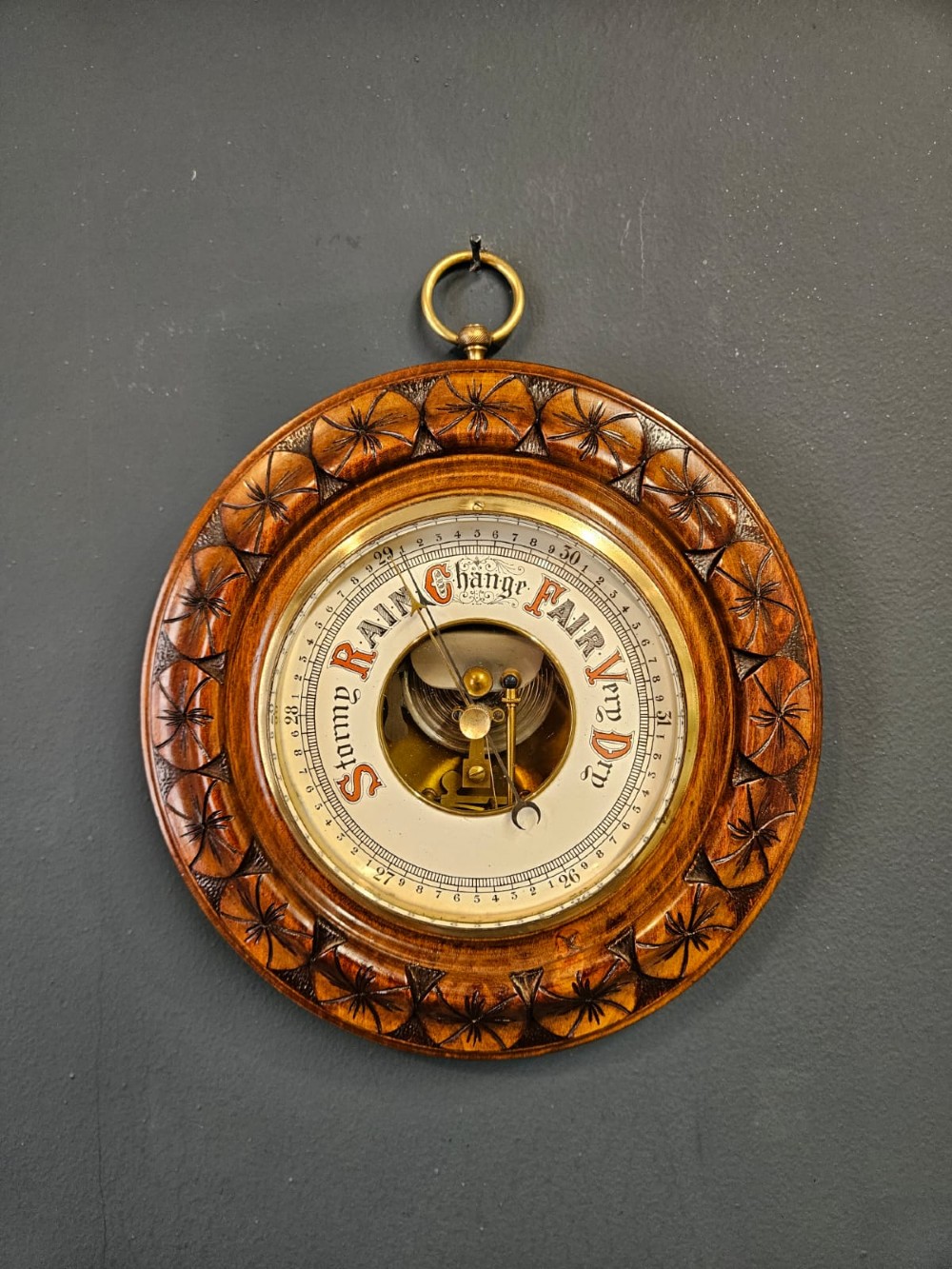 Victorian Walnut Aneroid Barometer with Flower Head Border