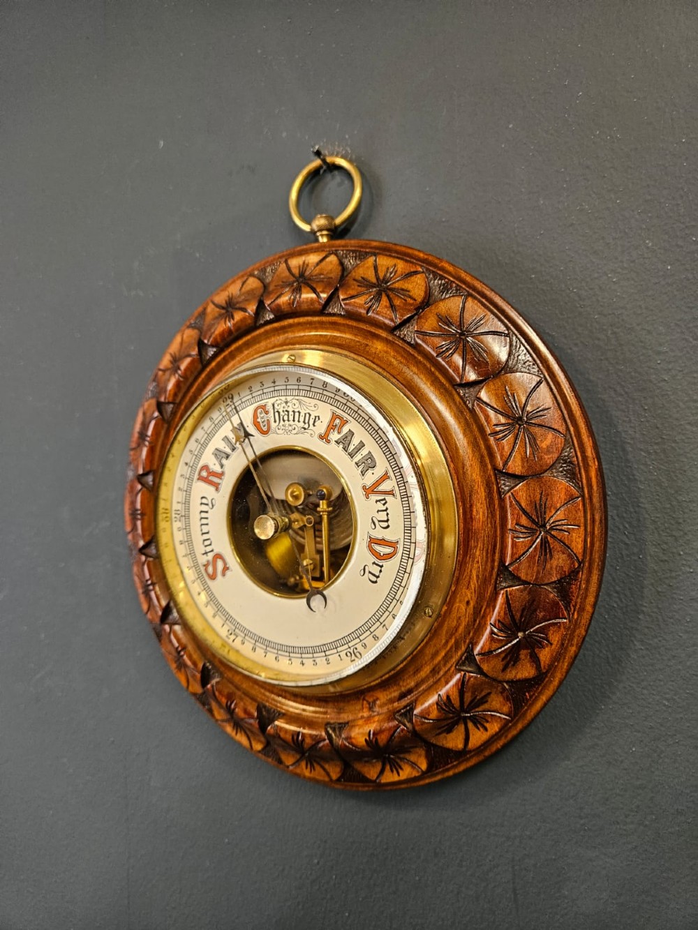 Victorian Walnut Aneroid Barometer with Flower Head Border View II