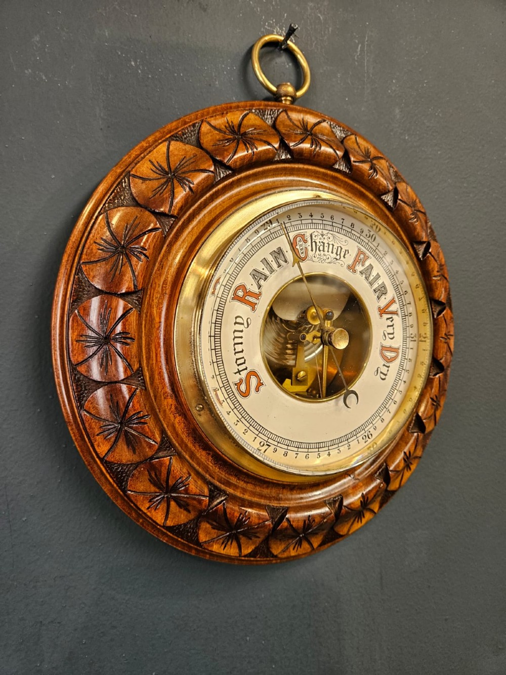 Victorian Walnut Aneroid Barometer with Flower Head Border View III