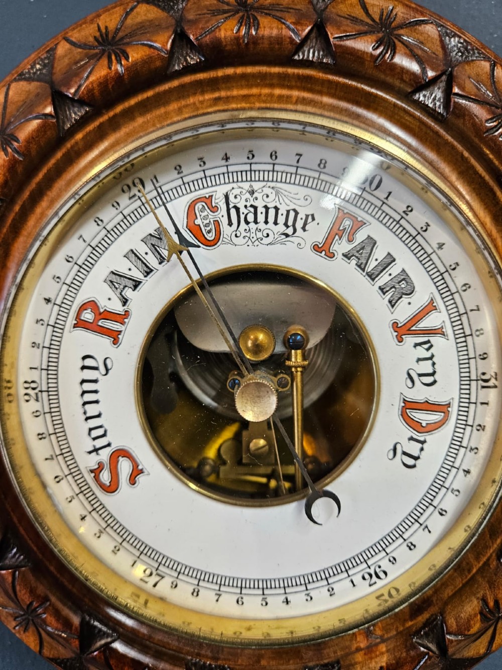 Victorian Walnut Aneroid Barometer with Flower Head Border View IV