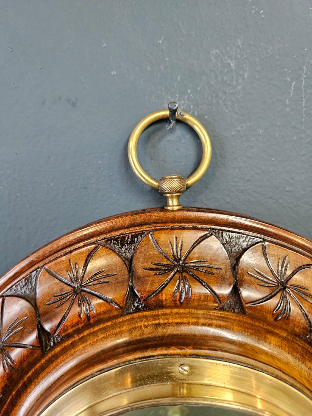 Victorian Walnut Aneroid Barometer with Flower Head Border View V