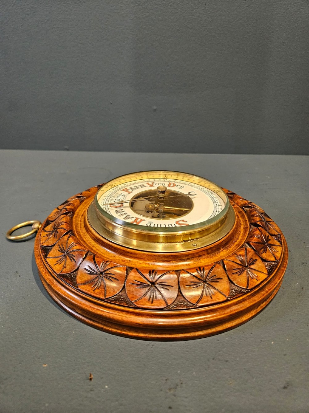 Victorian Walnut Aneroid Barometer with Flower Head Border View VI