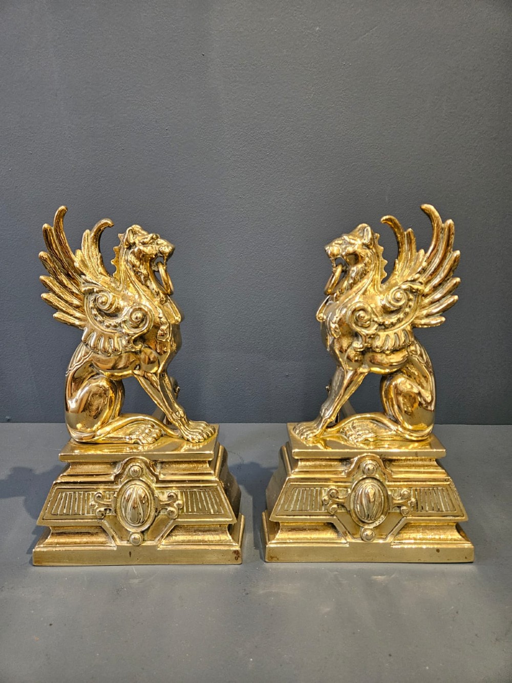 Pair of Victorian Brass Griffin Fire Dogs