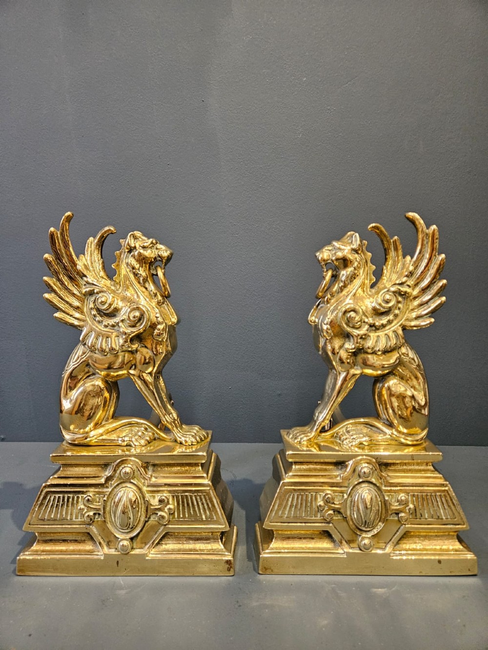 Pair of Victorian Brass Griffin Fire Dogs View II