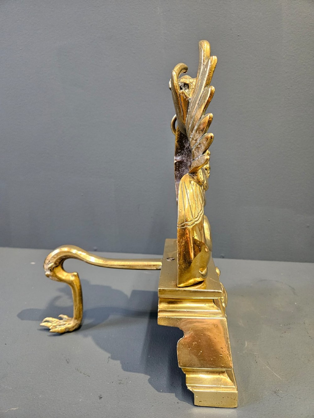 Pair of Victorian Brass Griffin Fire Dogs View III