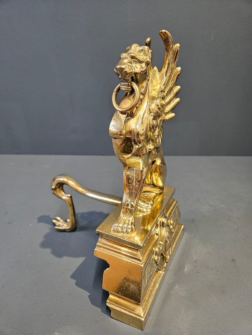 Pair of Victorian Brass Griffin Fire Dogs View V