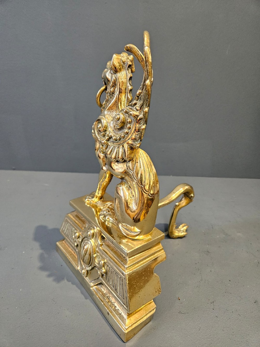Pair of Victorian Brass Griffin Fire Dogs View VII