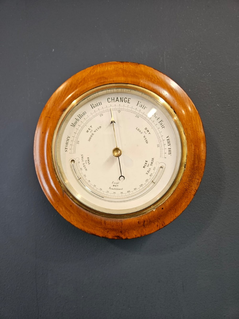 Victorian Turned Walnut Cased Aneroid Barometer with Crescent Thermometer