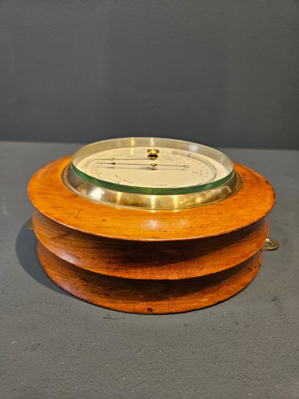 Victorian Turned Walnut Cased Aneroid Barometer with Crescent Thermometer View II