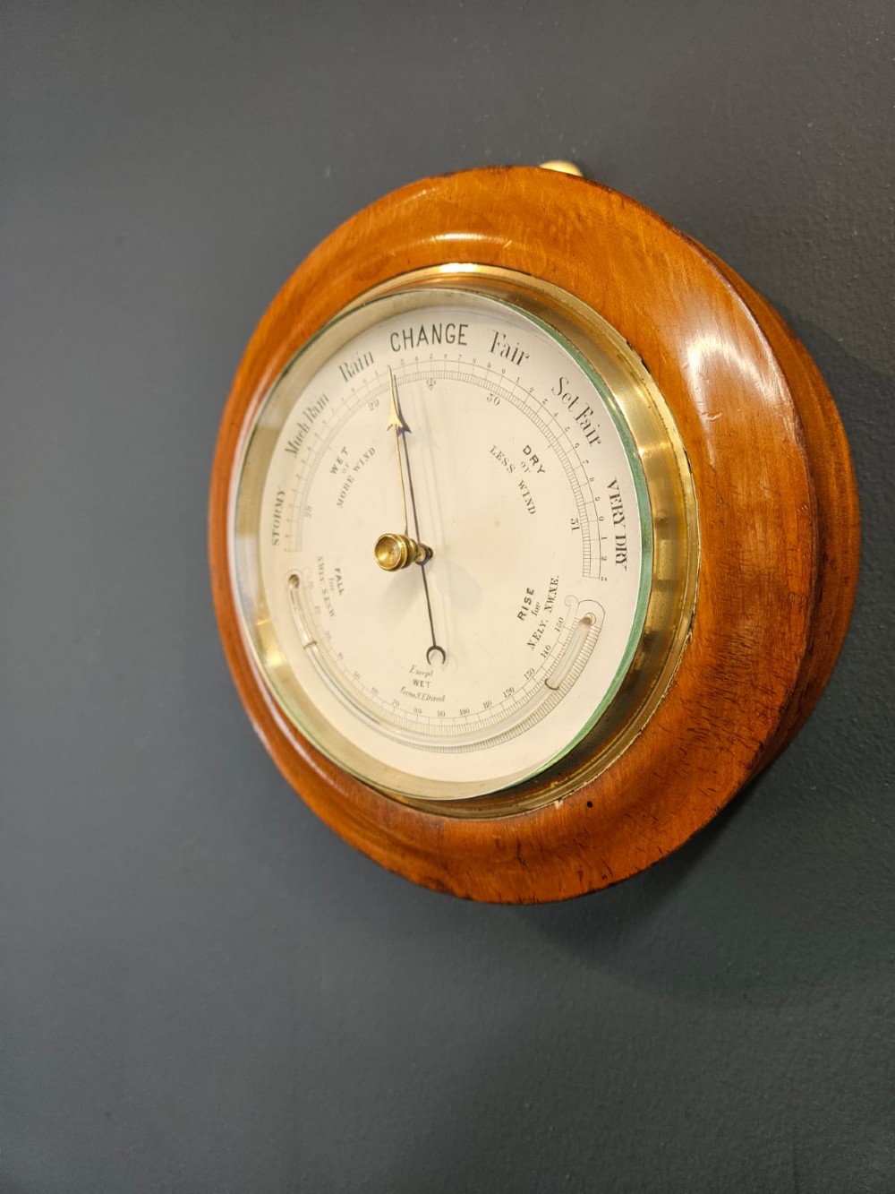 Victorian Turned Walnut Cased Aneroid Barometer with Crescent Thermometer View III
