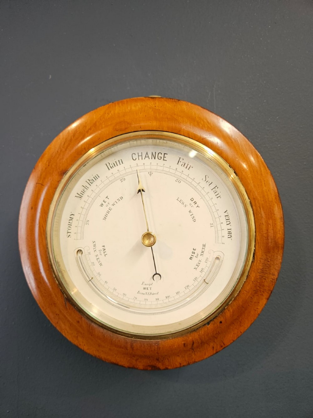Victorian Turned Walnut Cased Aneroid Barometer with Crescent Thermometer View IV