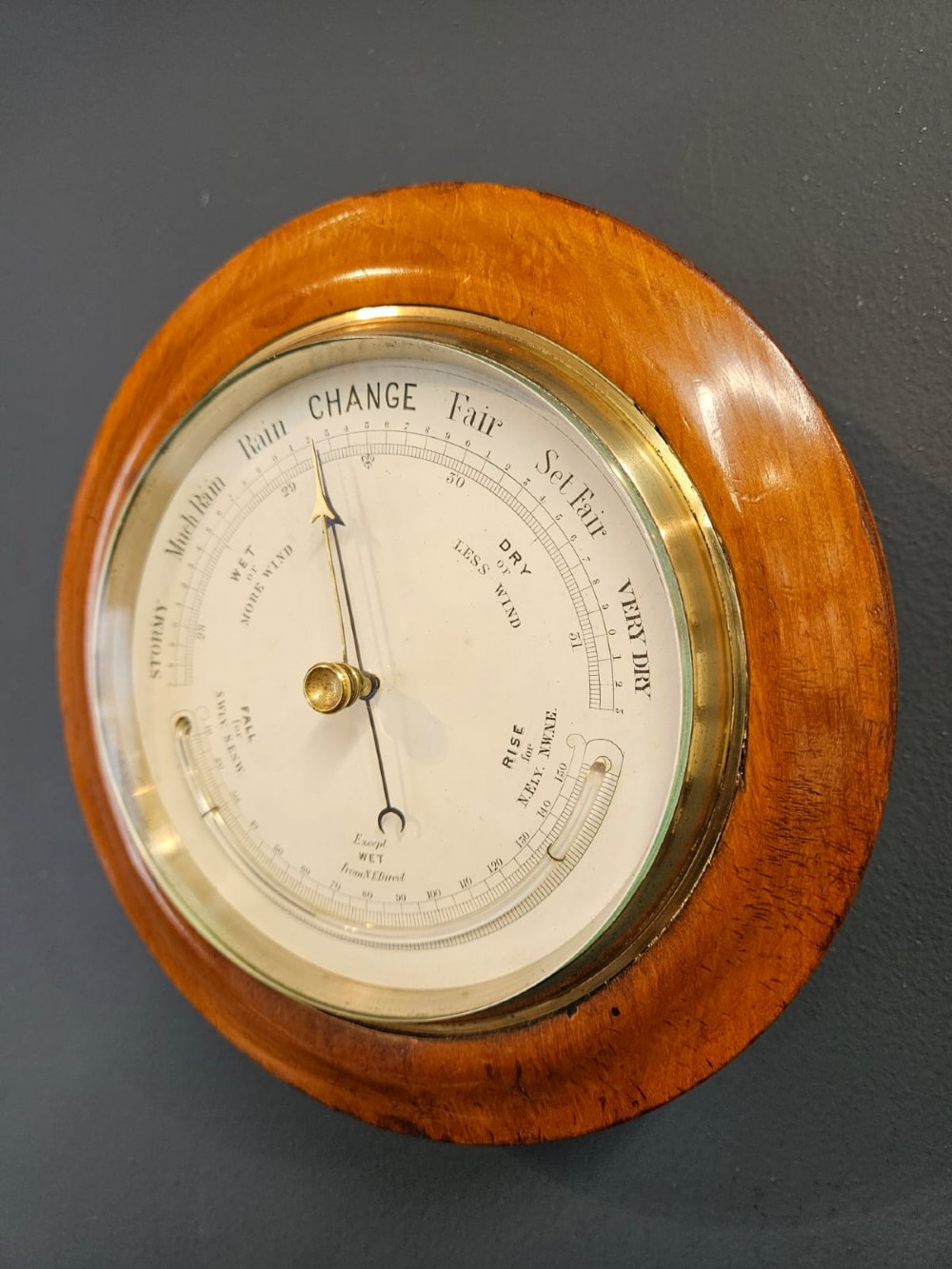 Victorian Turned Walnut Cased Aneroid Barometer with Crescent Thermometer View V