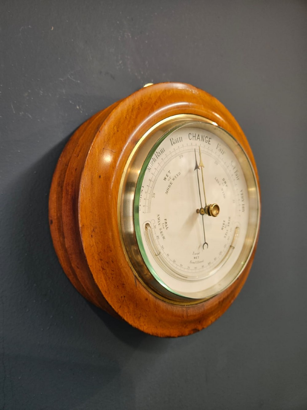 Victorian Turned Walnut Cased Aneroid Barometer with Crescent Thermometer View VI