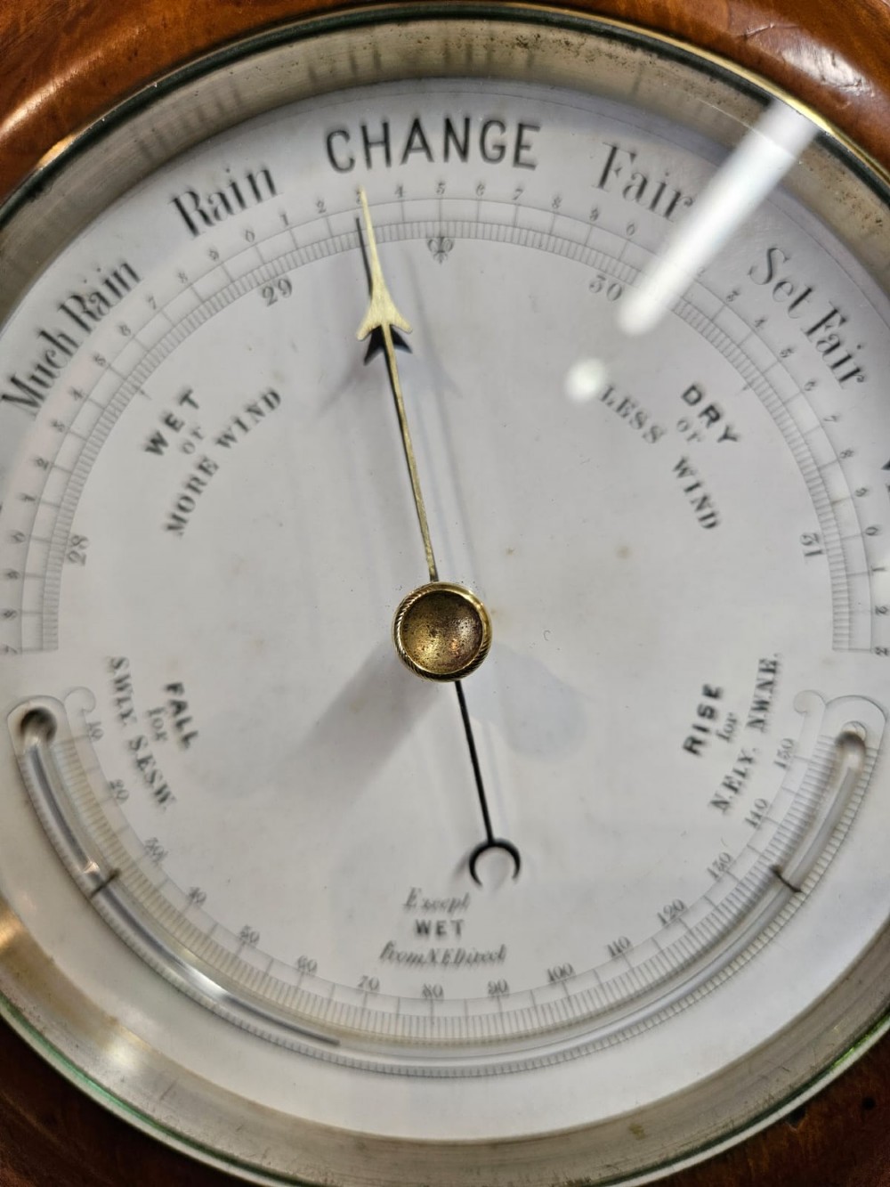 Victorian Turned Walnut Cased Aneroid Barometer with Crescent Thermometer View VII