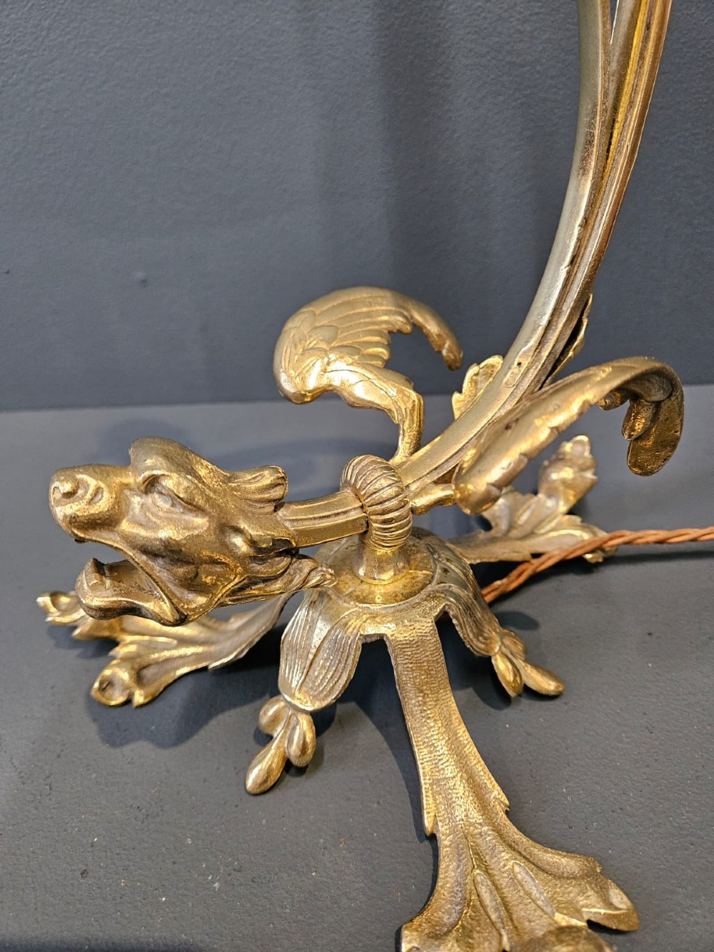 Unusual Late Victorian Brass Griffin Table Lamp View III