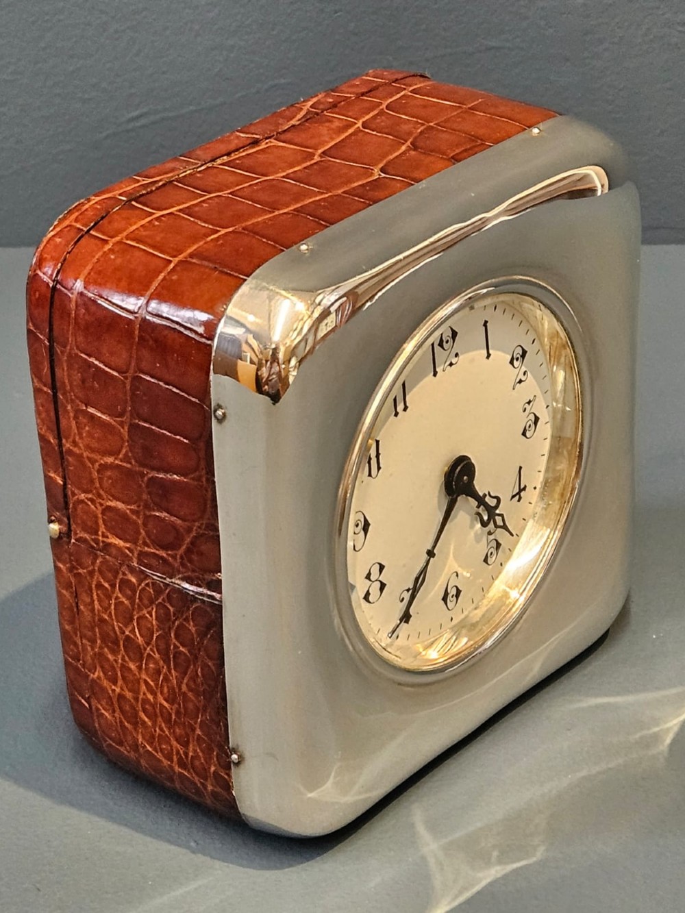Superb Edwardian Silver and Crocodile Skin Clock View VI