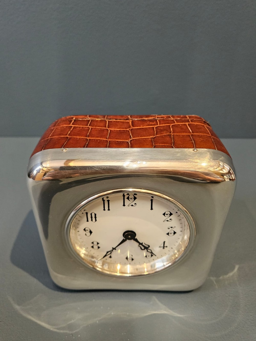 Superb Edwardian Silver and Crocodile Skin Clock View VII