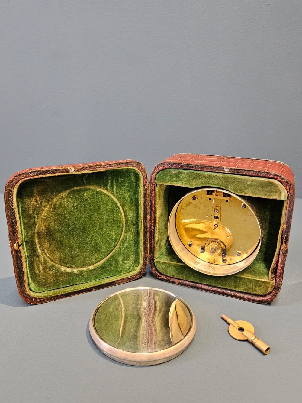 Superb Edwardian Silver and Crocodile Skin Clock View VIII