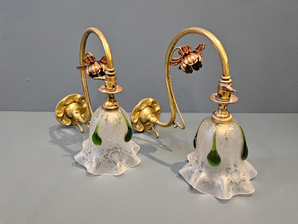 Pair of Art Nouveau Brass and Copper Wall Lights and Shades