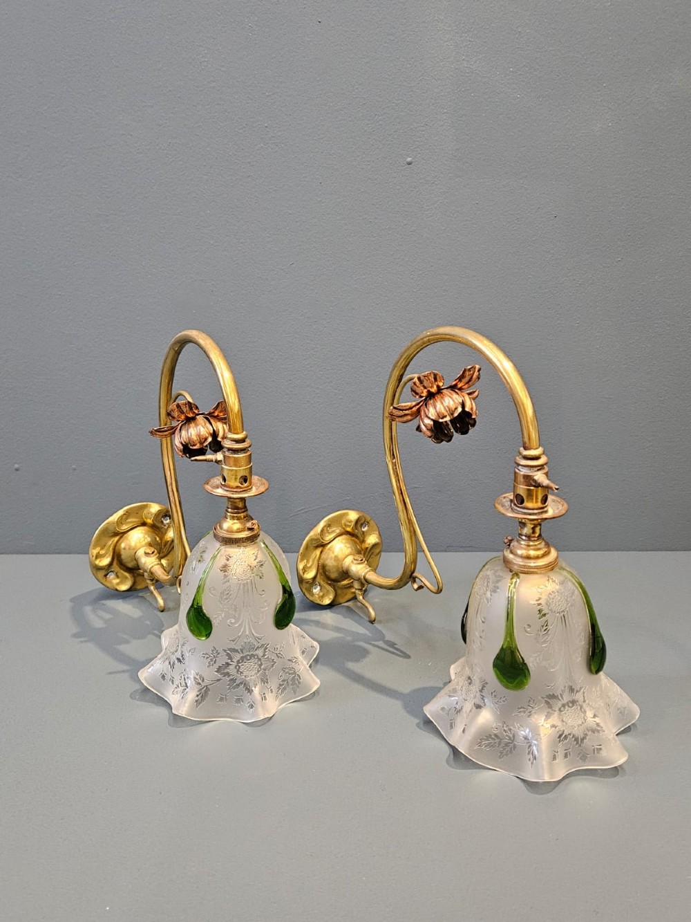 Pair of Art Nouveau Brass and Copper Wall Lights and Shades View II