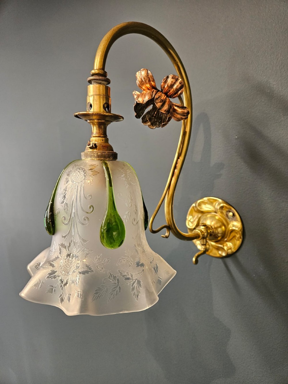 Pair of Art Nouveau Brass and Copper Wall Lights and Shades View IV