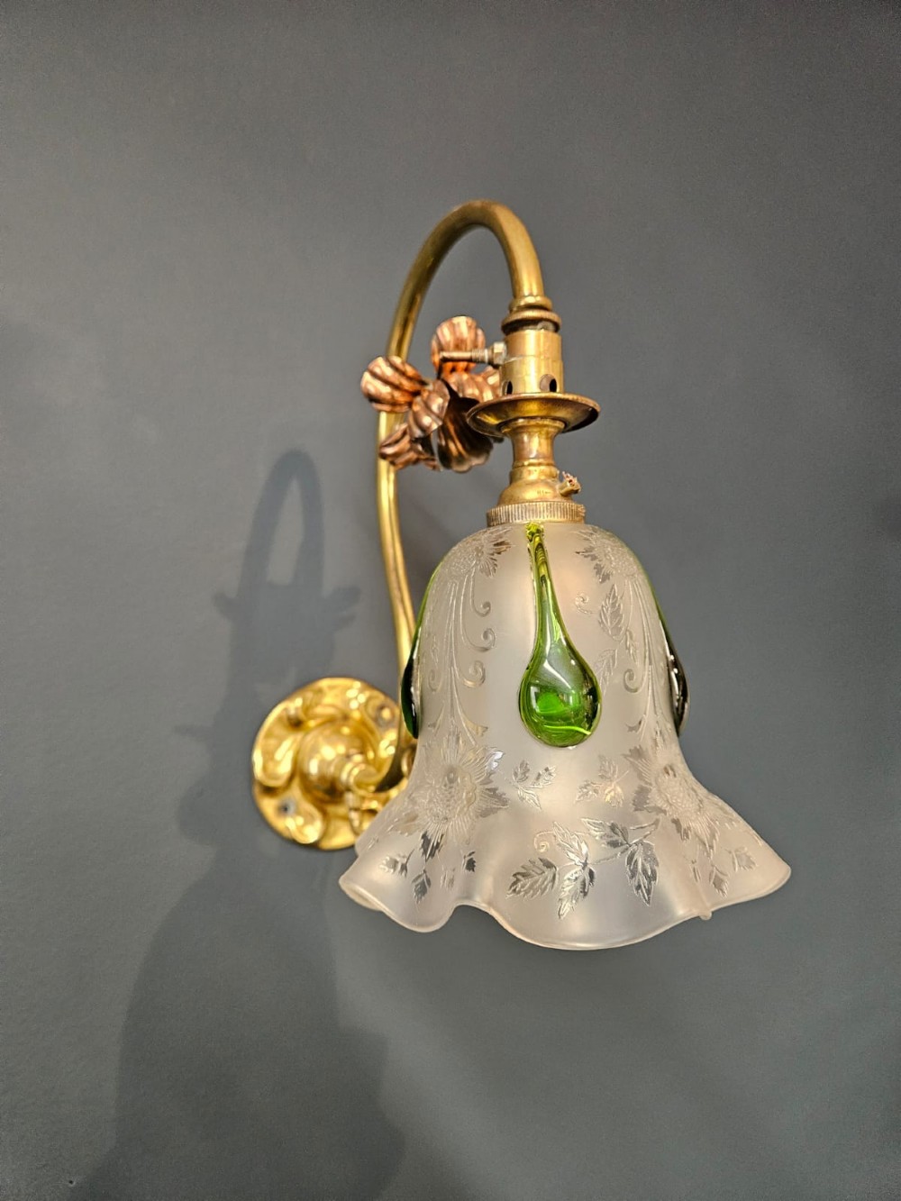 Pair of Art Nouveau Brass and Copper Wall Lights and Shades View VIII