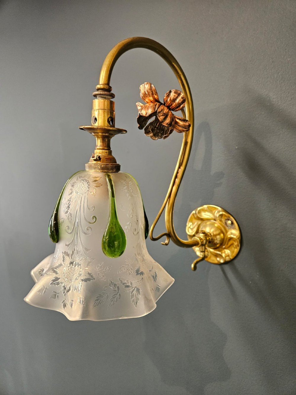 Pair of Art Nouveau Brass and Copper Wall Lights and Shades View IX