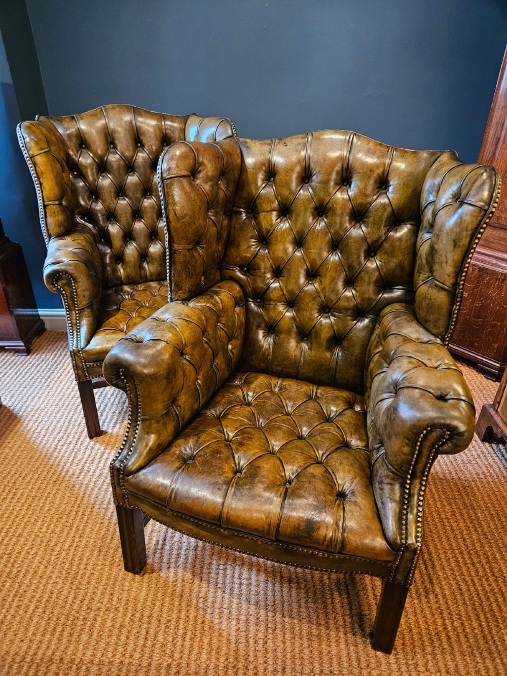 Matching Pair of 1930's Leather Wing Back Arm Chairs