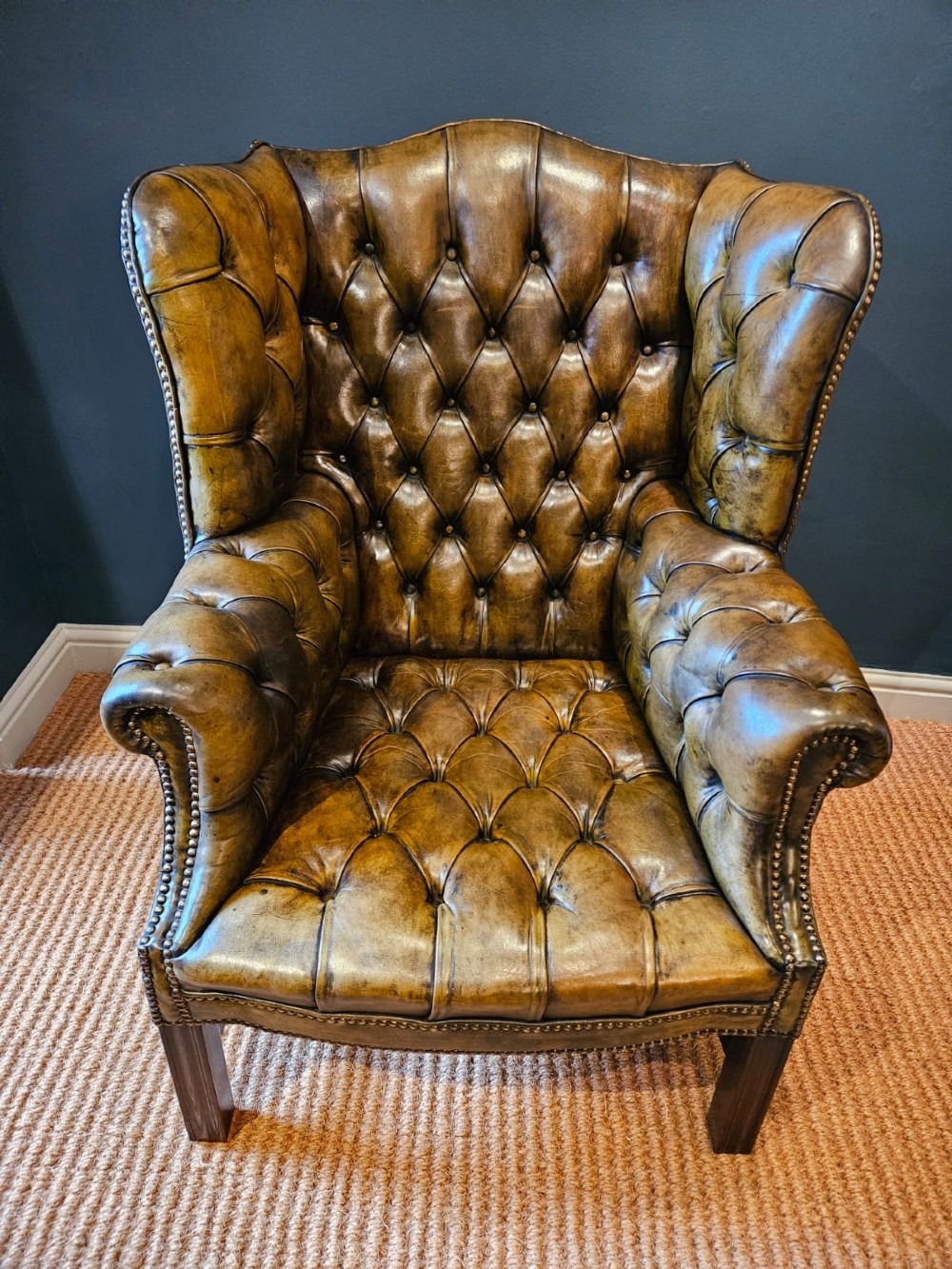 Matching Pair of 1930's Leather Wing Back Arm Chairs View III