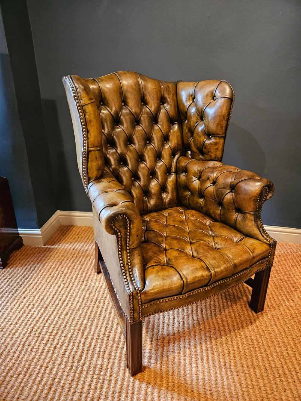 Matching Pair of 1930's Leather Wing Back Arm Chairs View VII
