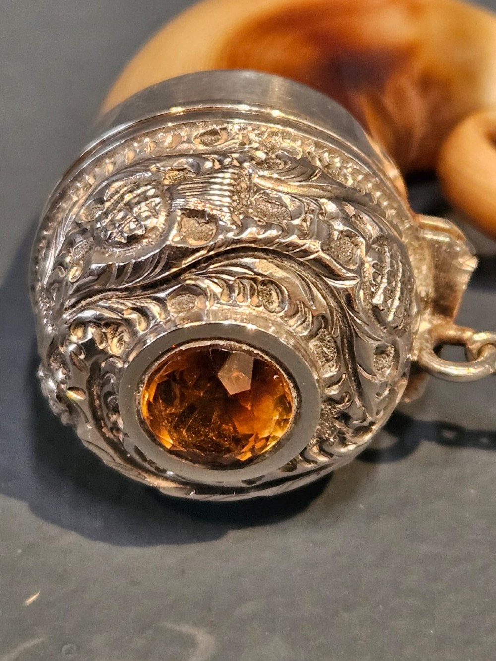Superb Victorian Silver and Horn Vinaigrette Inset with Topaz View III