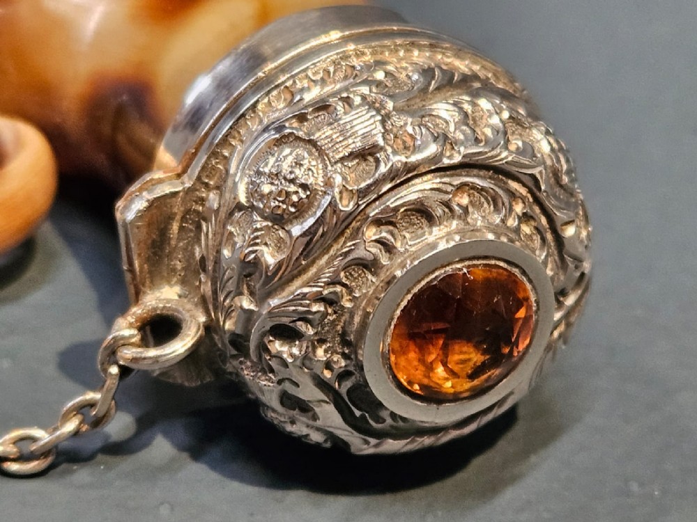 Superb Victorian Silver and Horn Vinaigrette Inset with Topaz View VI