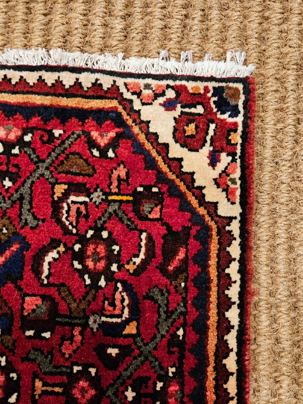 An extra-long wool hallway runner rug featuring intricate Persian geometric and floral patterns in deep red, navy blue, and cream with fringed ends. View III