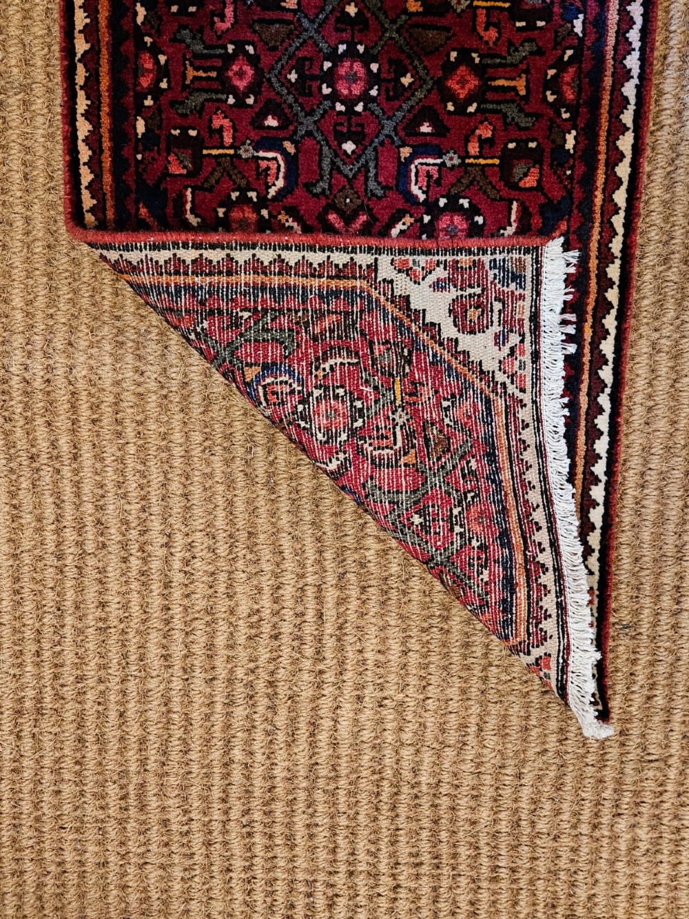 An extra-long wool hallway runner rug featuring intricate Persian geometric and floral patterns in deep red, navy blue, and cream with fringed ends. View VIII
