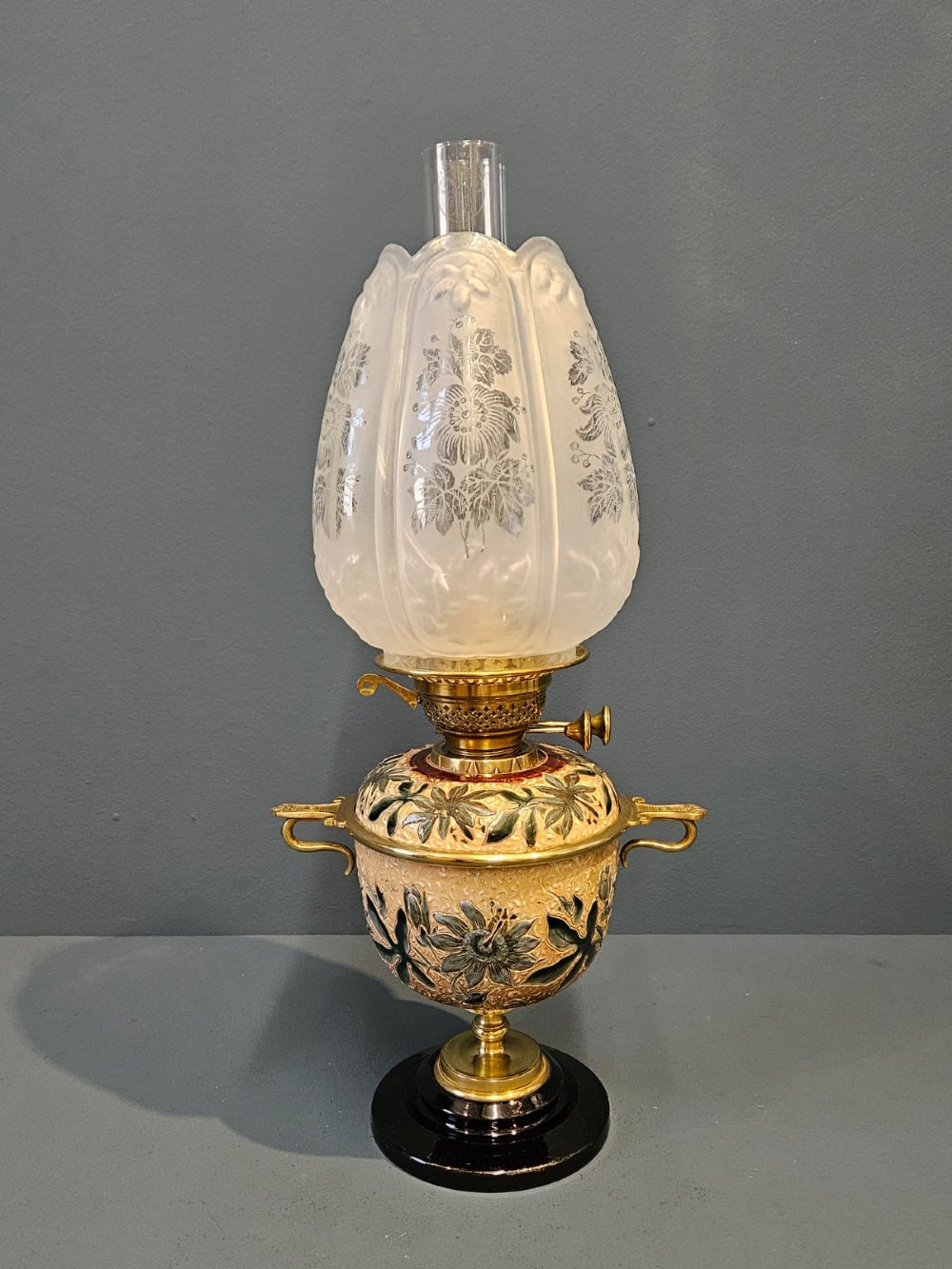 Victorian Doulton Lambeth Ware Oil Lamp and Shade