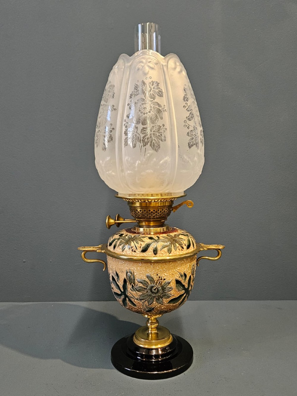 Victorian Doulton Lambeth Ware Oil Lamp and Shade View II